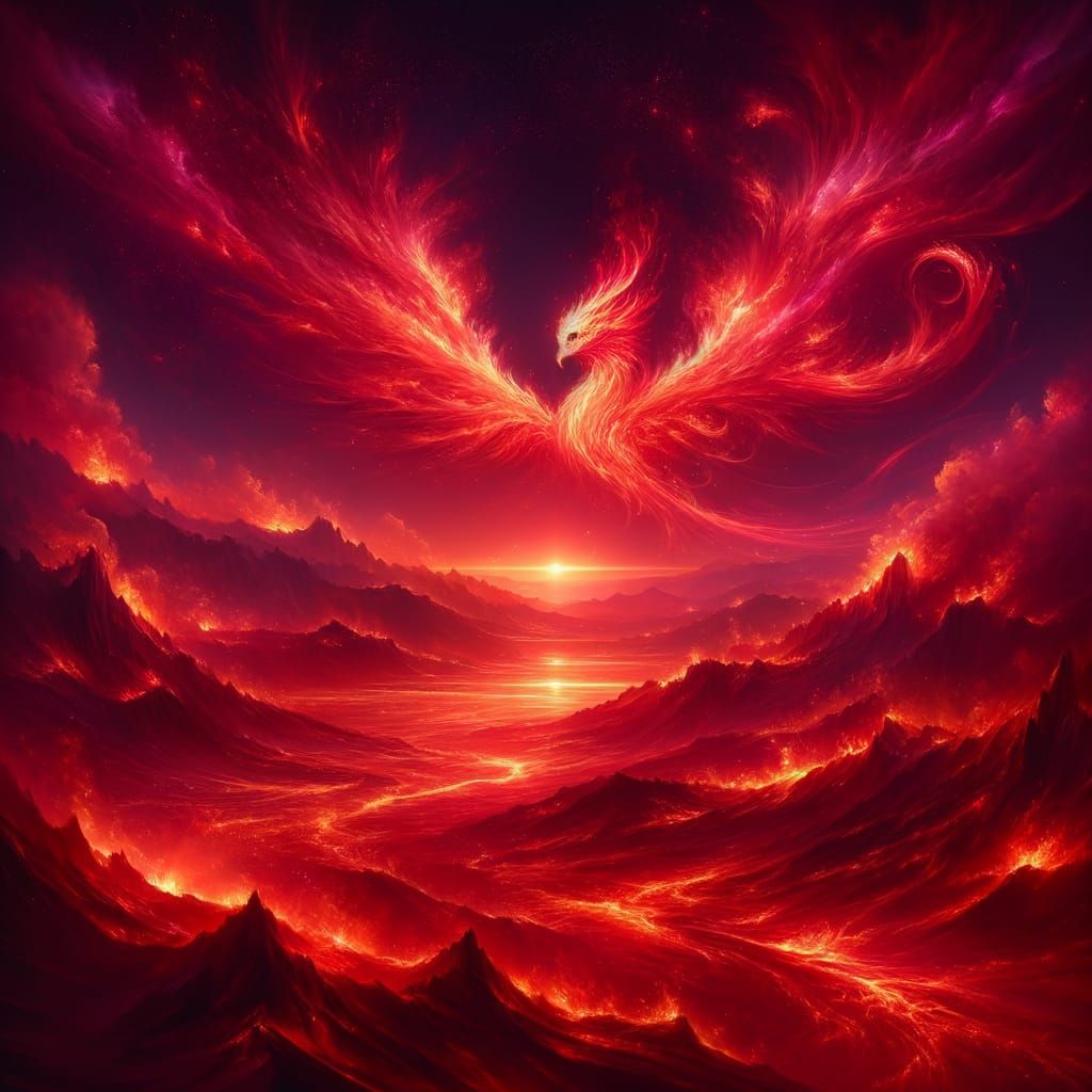 Fiery Phoenix Landscape with Molten Light