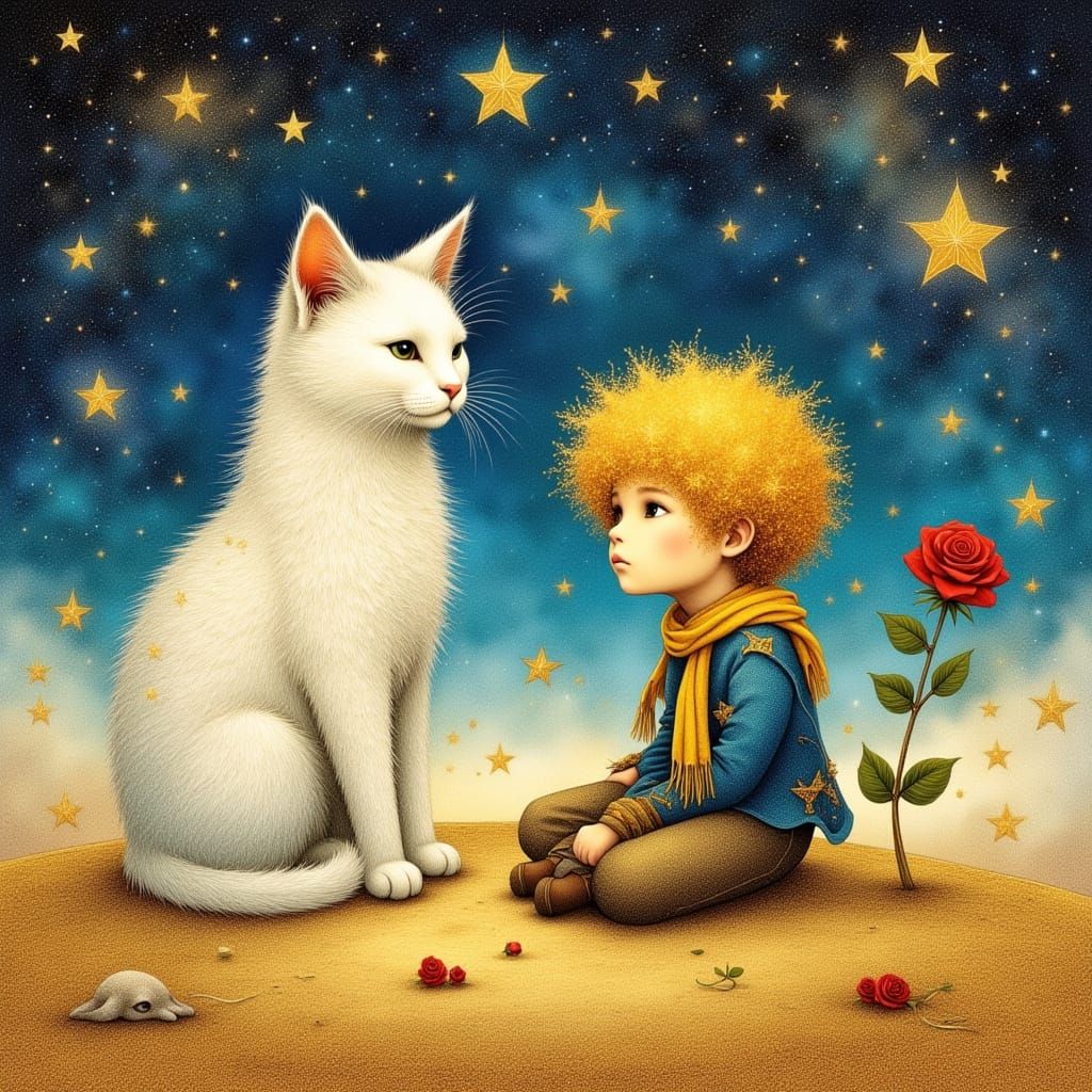 A long haired white cat on a small planet with The Little Prince with curly blond hair in a blue jacket with yellow scar...