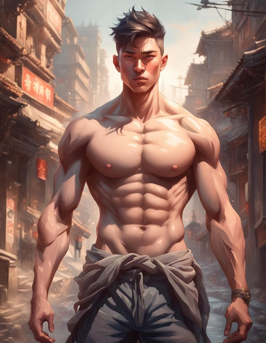 Muscular Man Portrait in Mystical City, Detailed Art