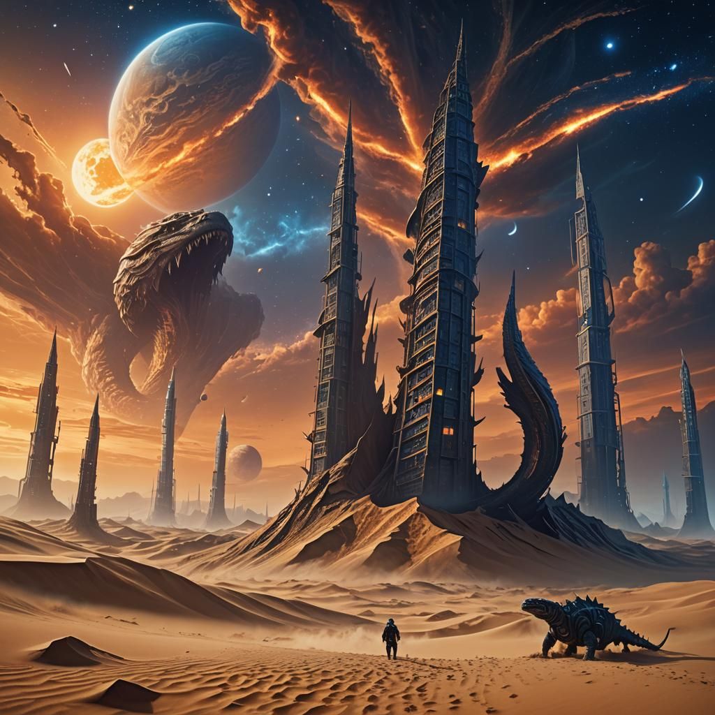 Sandworm Emerges on Dune Planet in Baroque Sci-Fi Style