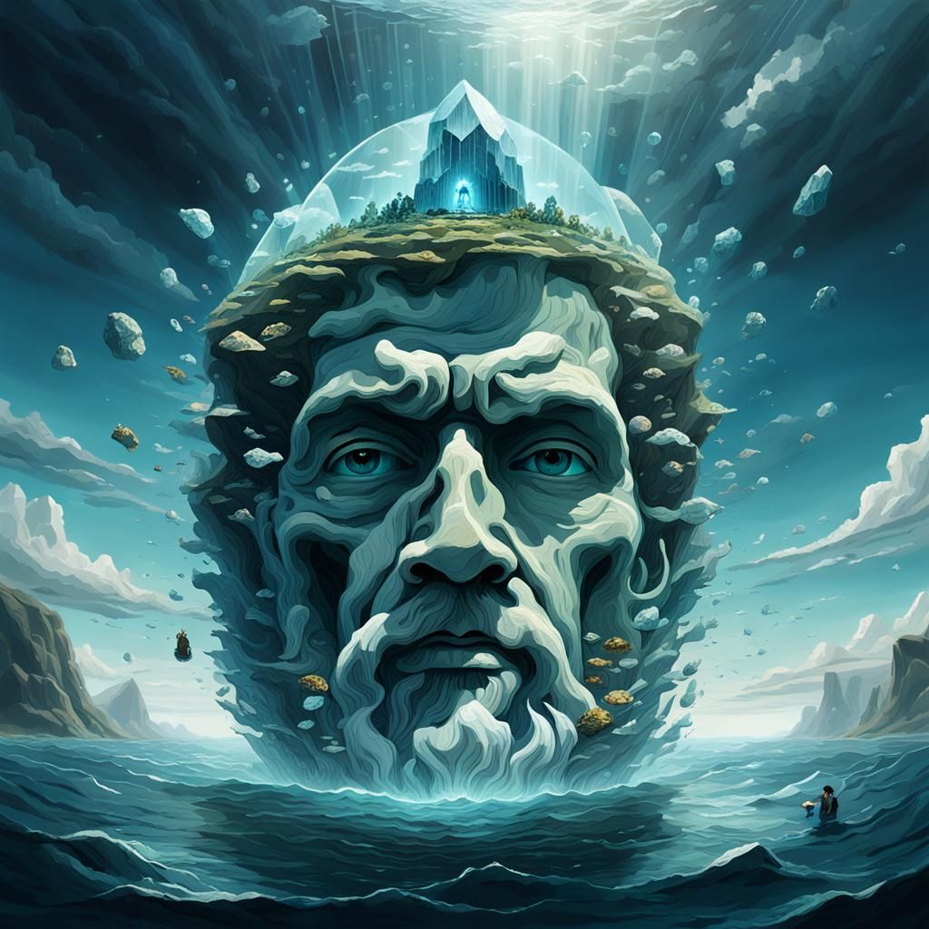 Luminescent Crystal Head Floating in Symbolic Seascape