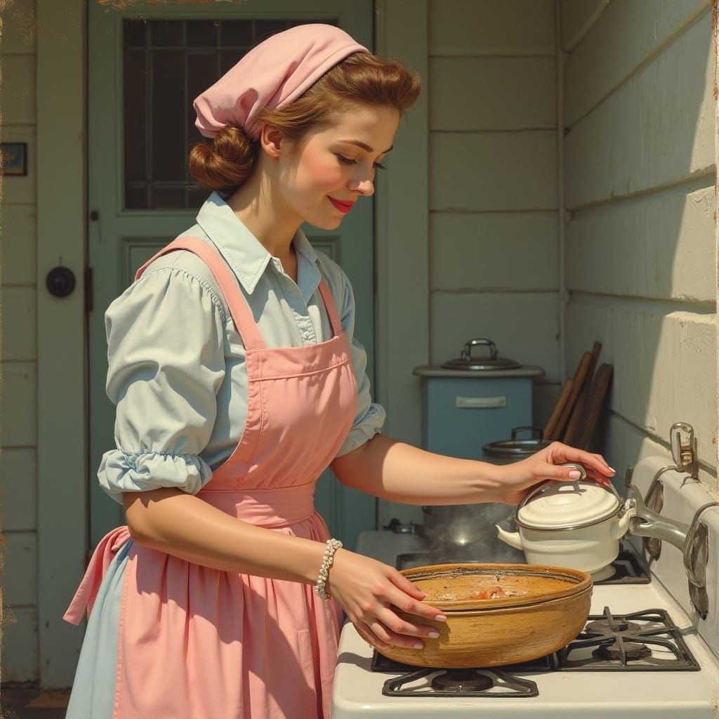 Vintage Woman in Apron Doing Domestic Work