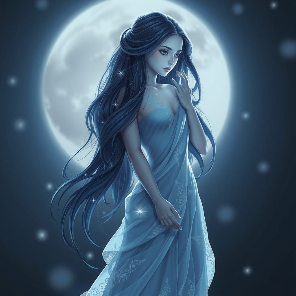 Ethereal Silver Blue Moon Goddess They have long dark blue h...
