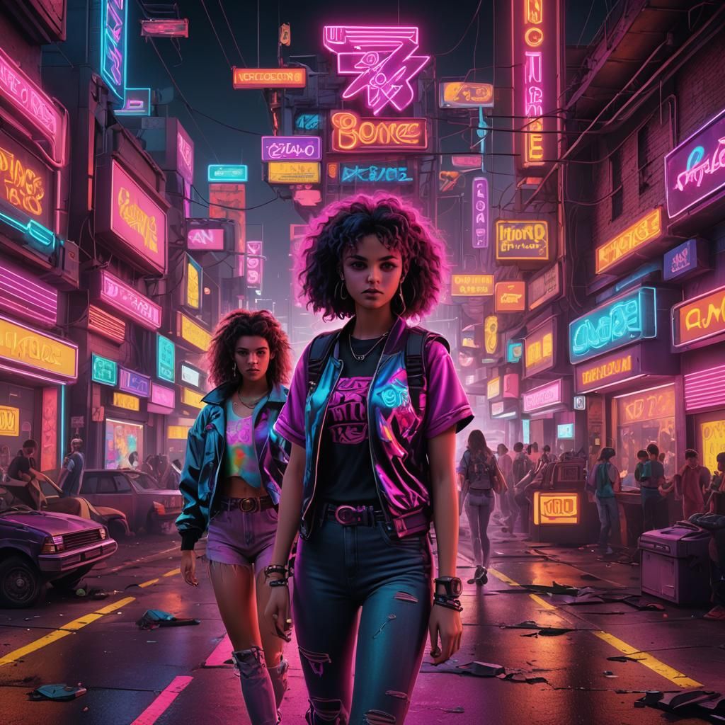 Vibrant 80s Teens in Neon Digital Painting