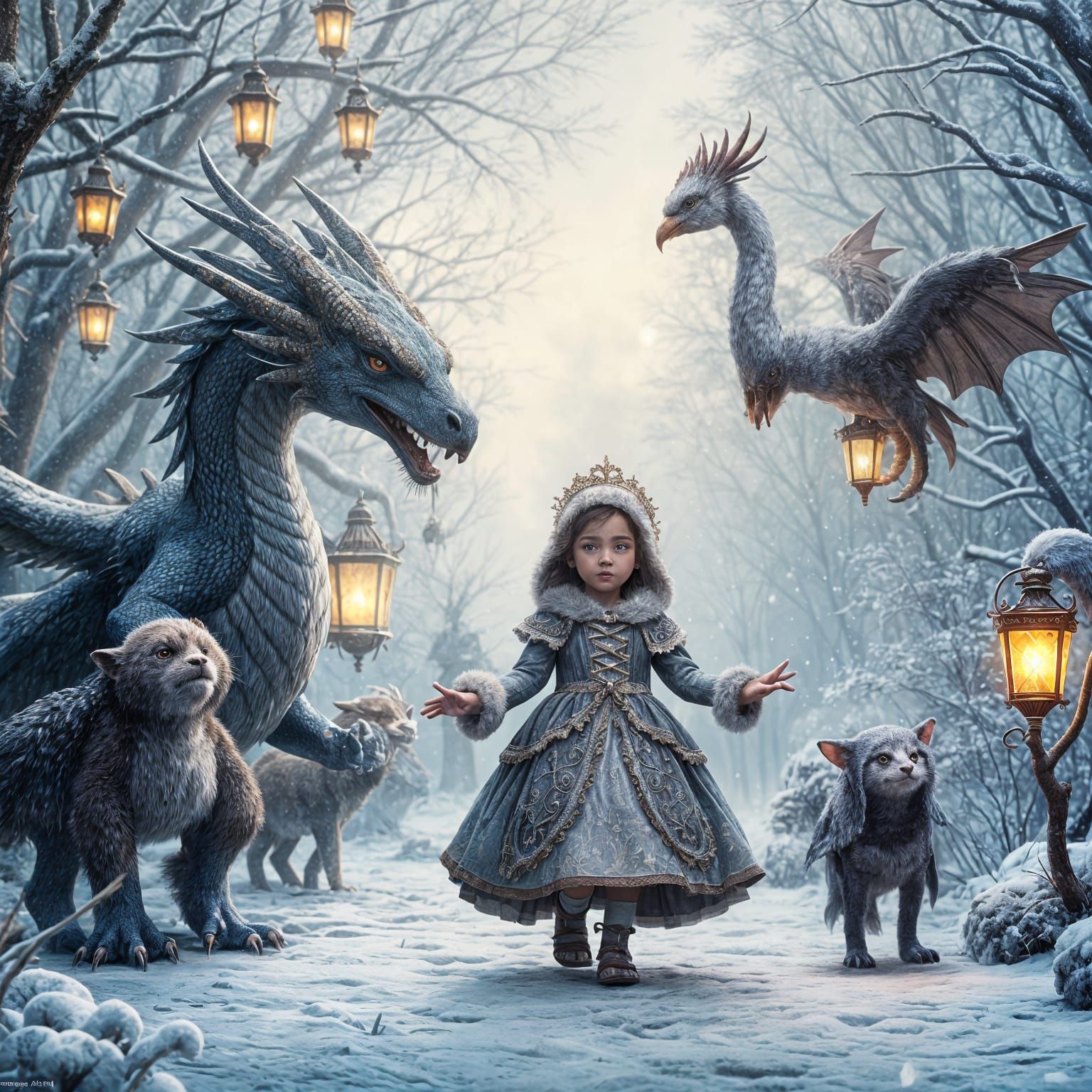 Lavish Winter Wonderland with Mythical Creatures and Majesti...
