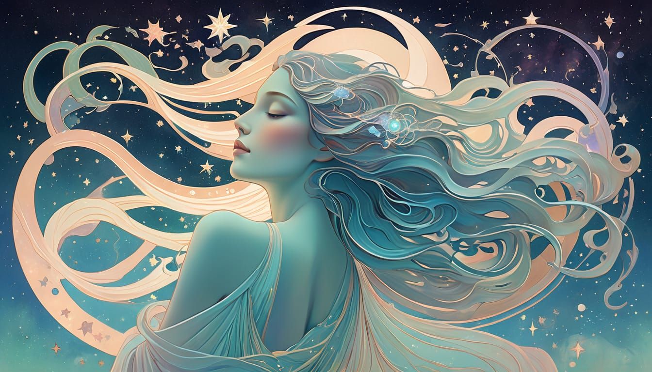 Cosmic Art Nouveau Woman with Flowing Hair