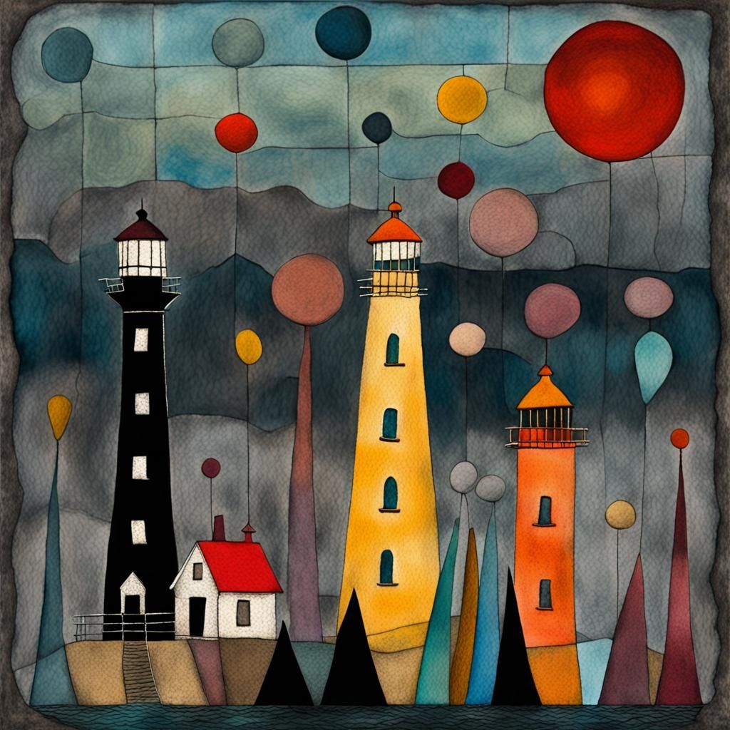 Colorful Lighthouse-scape in Pencil Sketch Style