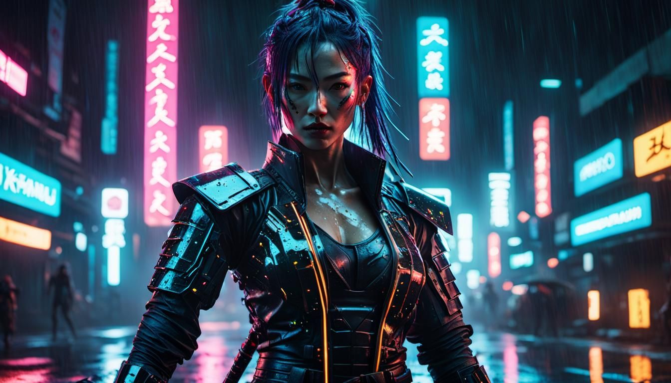 Cyberpunk Samurai Girl with Neon Katana