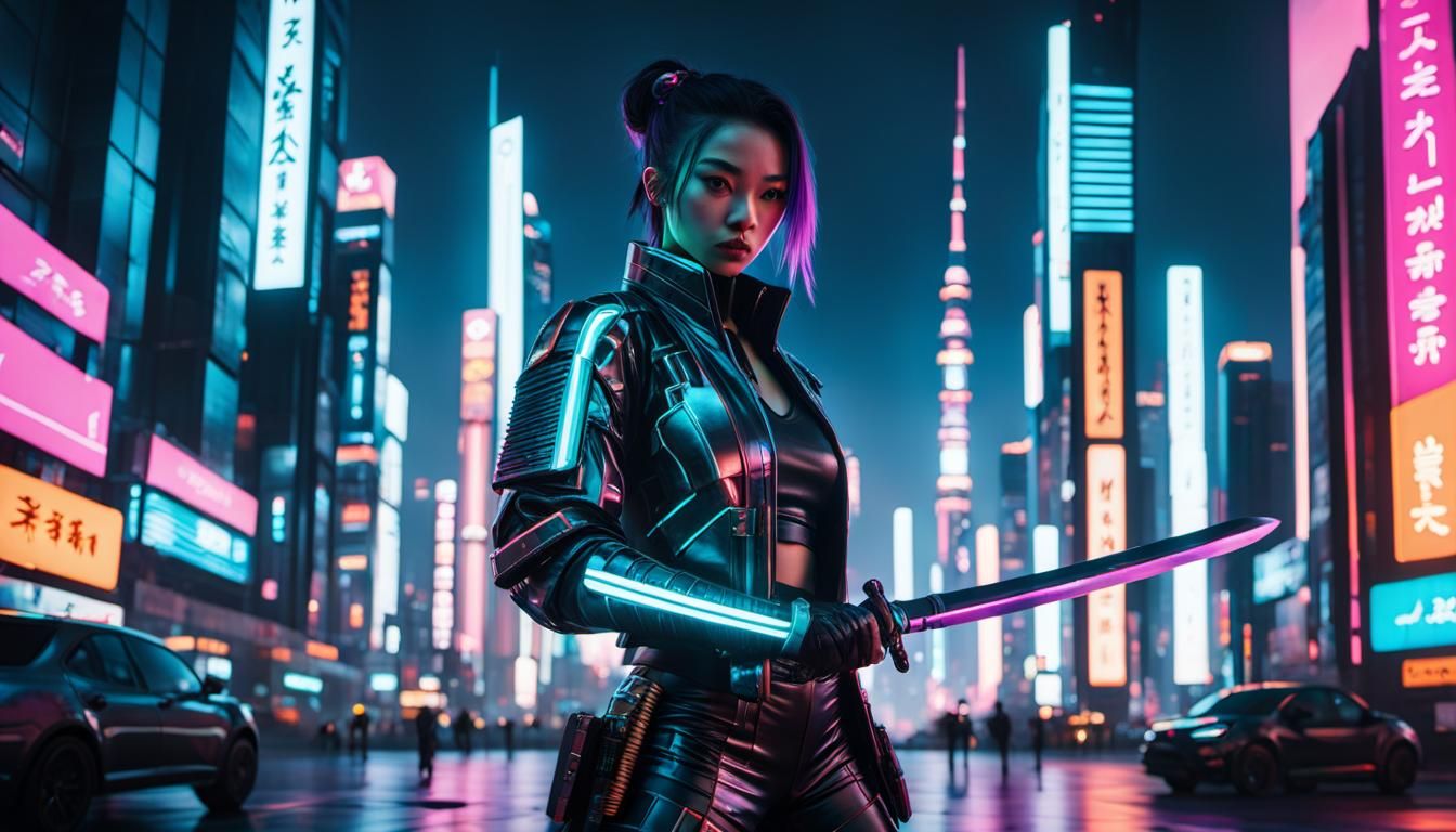 Cyberpunk Samurai Girl with Neon Katana