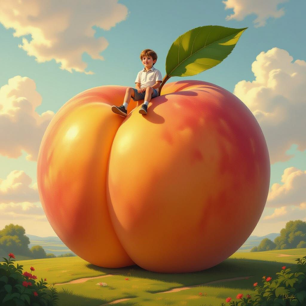 Boy on Colossal Peach in Realistic Digital Painting