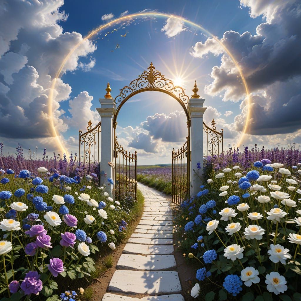 Celestial Scene with Golden Staircase to Radiant Red Gate in...