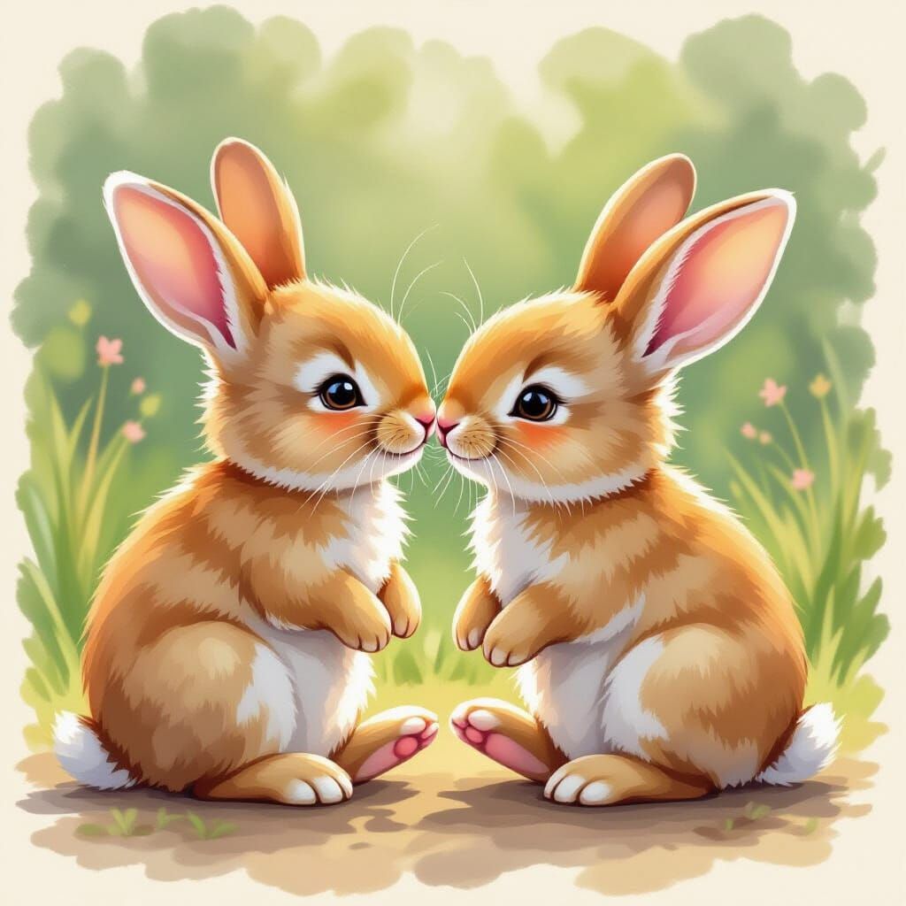 Two Baby Bunnies Kissing and Touching Feet