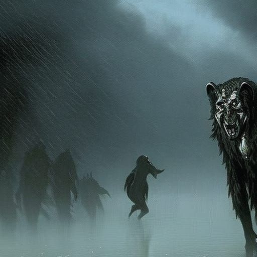 Vampire Ape Escapes in Rain: Horror Illustration