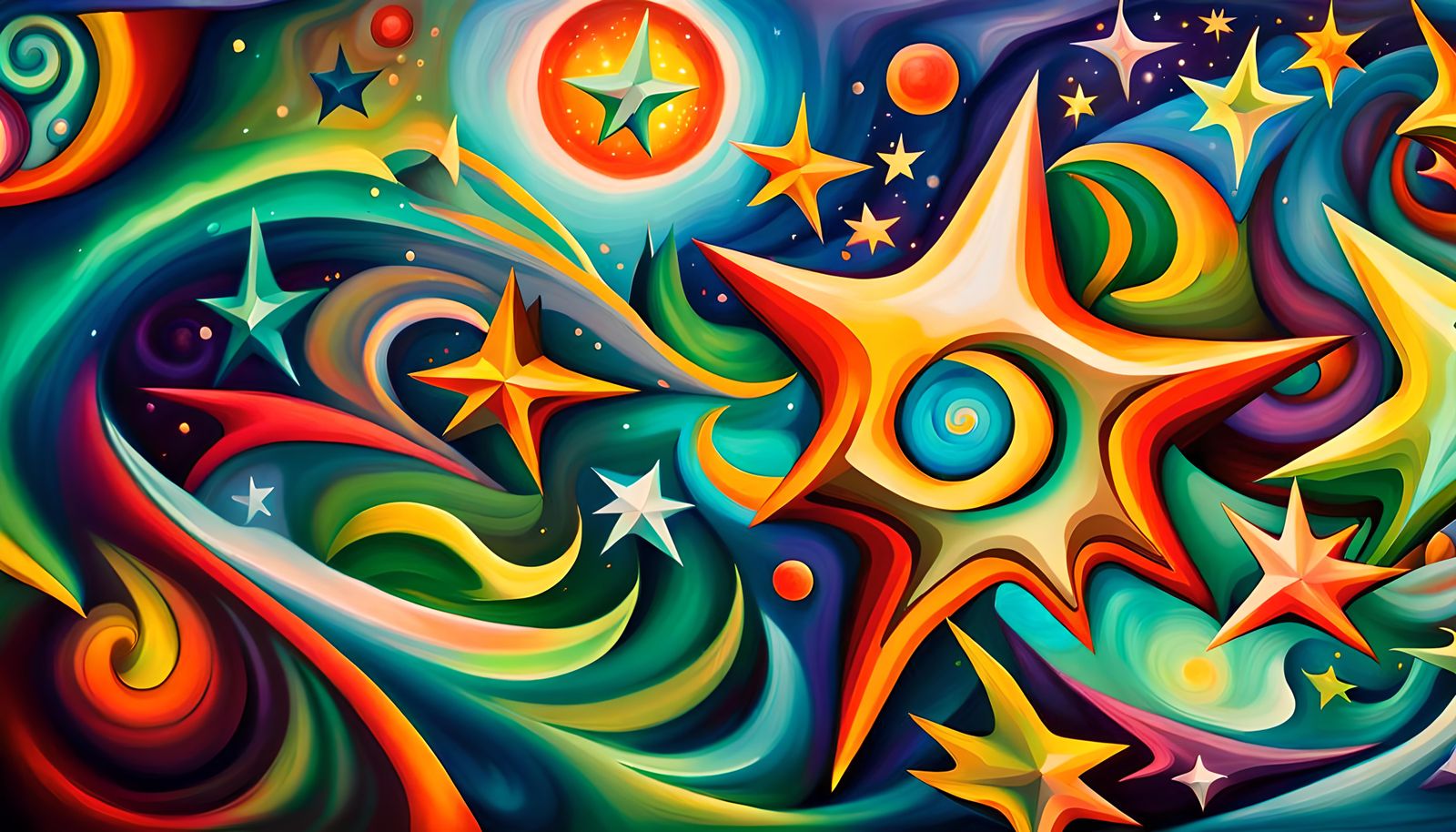 Iridescent Maelstrom with Swirling Stars in Naive Art Style