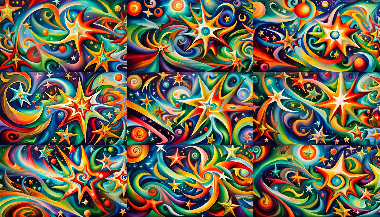 Iridescent Maelstrom of Stars in Naive Art Style