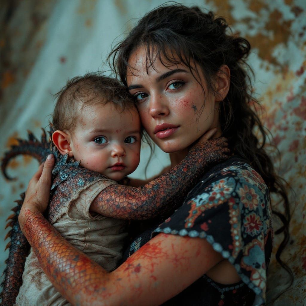 Dragon Skin Child and Mother: Impressionistic Portrait
