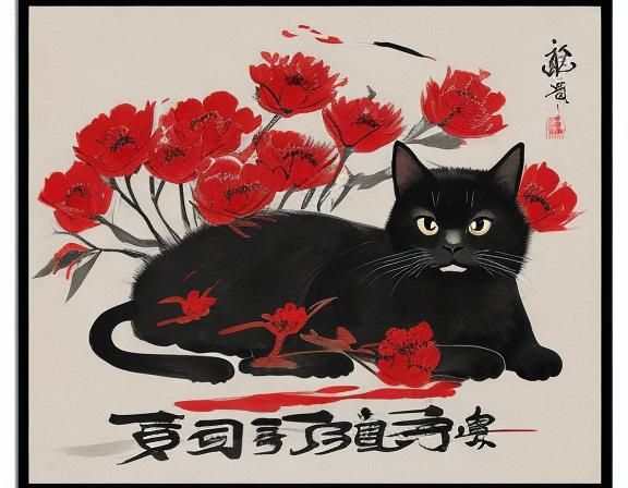 black cat and red flower / Qi Baishi style / chinese ink