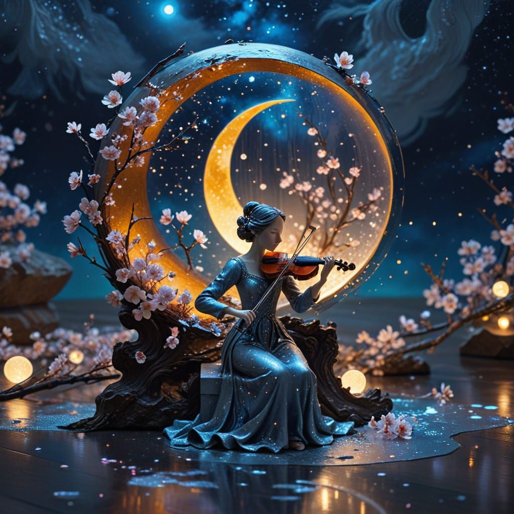 Girl Plays Violin Inside Moon, Oil Painting Style