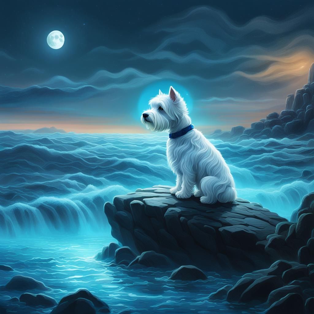 Westie Dog on Bioluminescent Sea, Fantasy Art