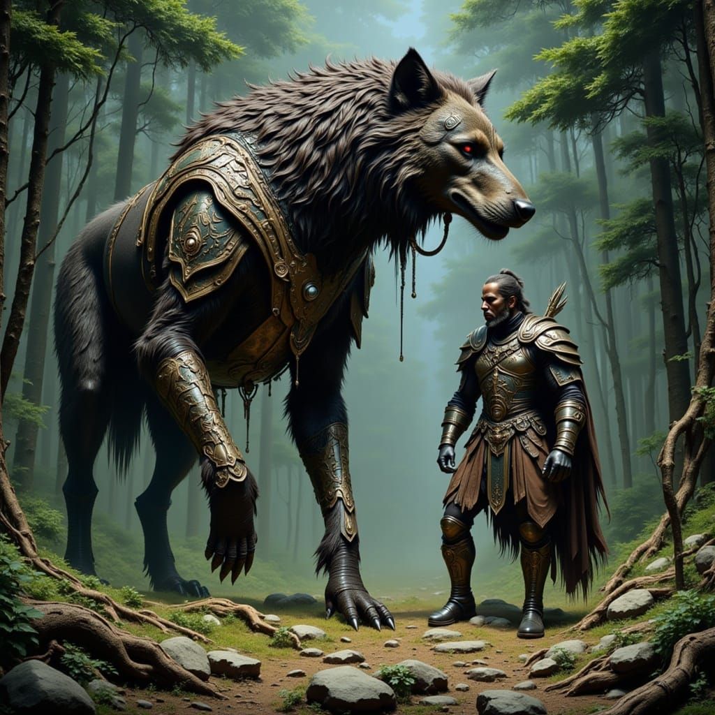 Mammoth Wolf and Warrior in Mystical Forest