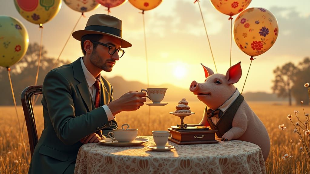 Tea with a Pig in Sun-Drenched Field, Detailed Matte Paintin...