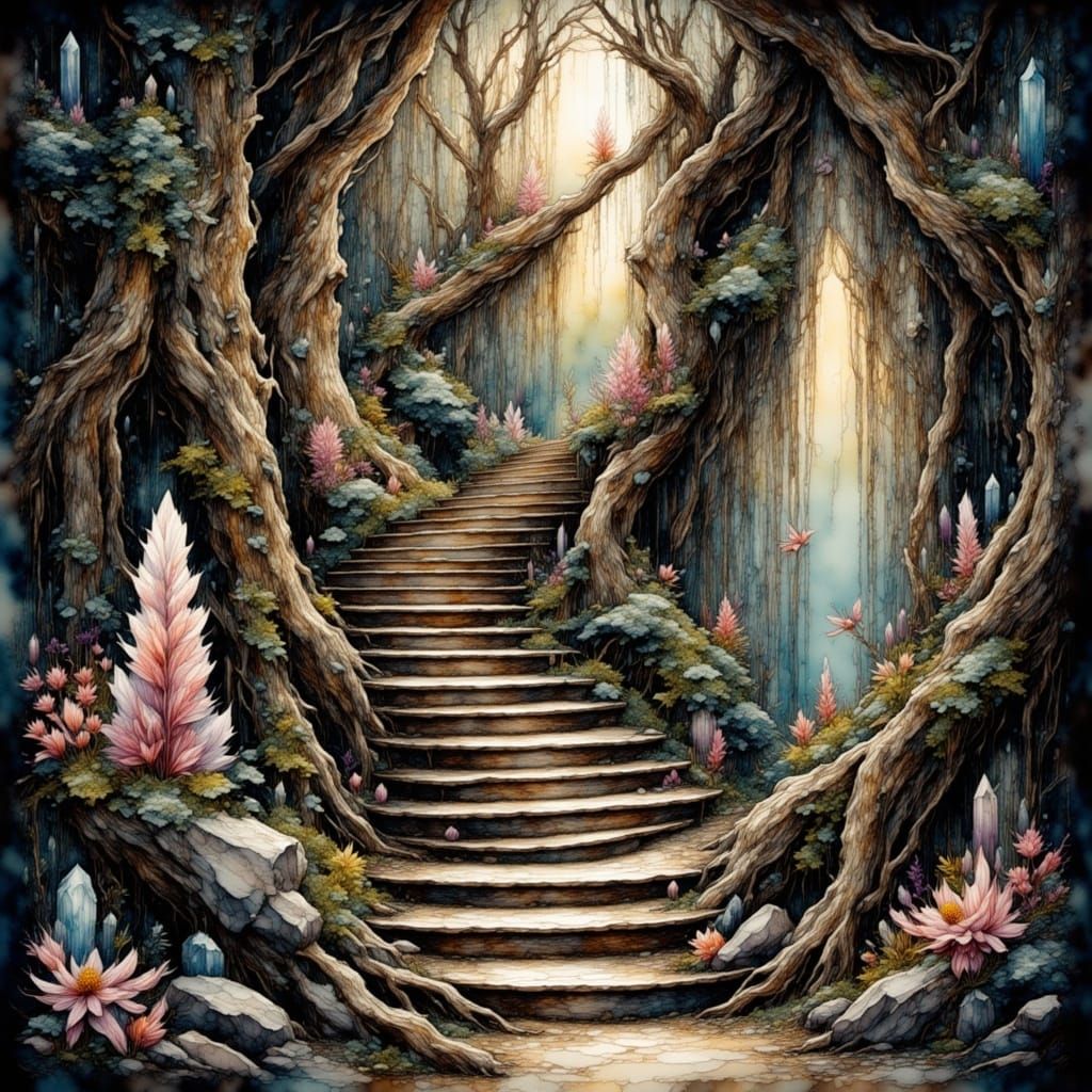 Endless Staircase Inside Tree in Watercolor Style