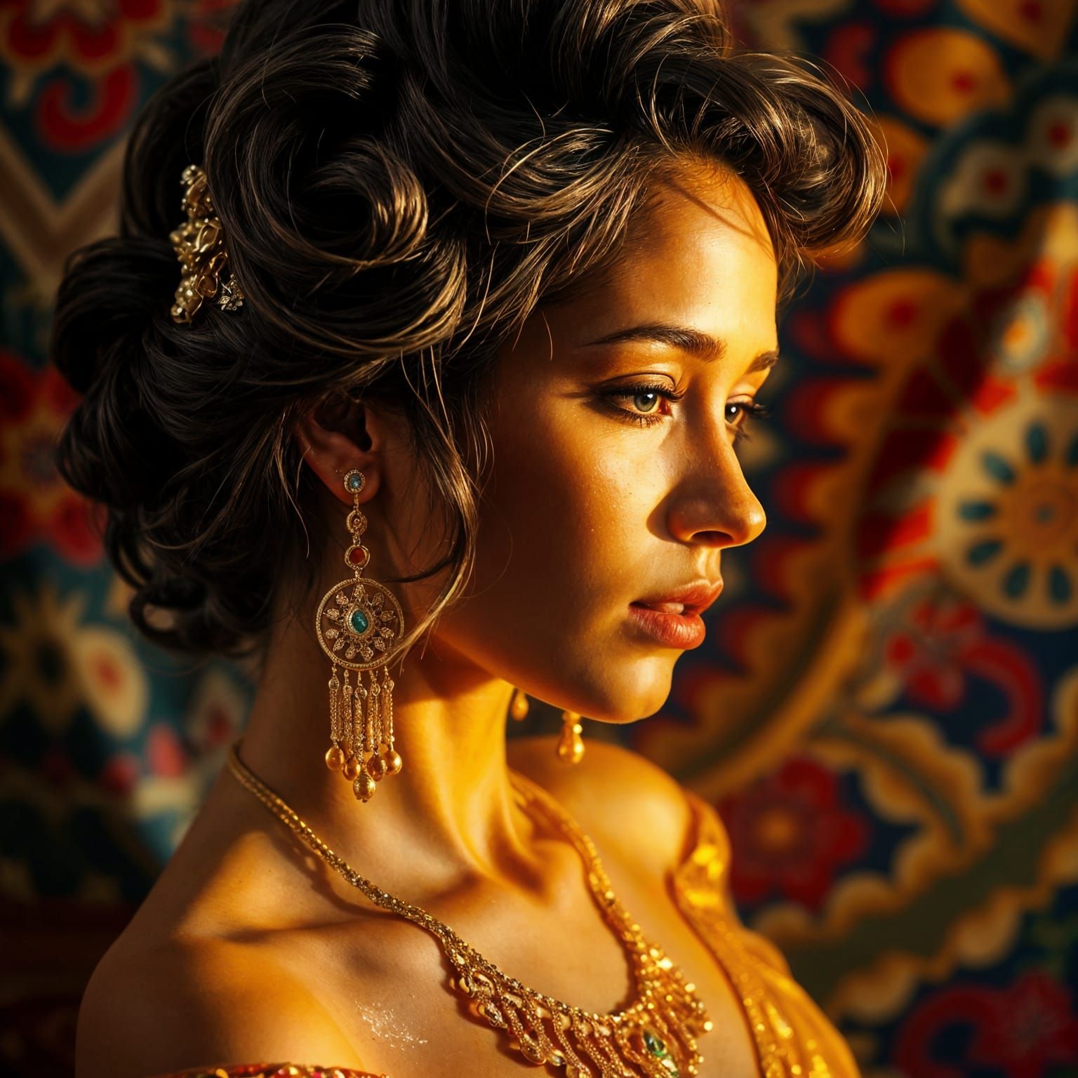 Woman with Gold Jewelry: Hyperrealistic Splash Art