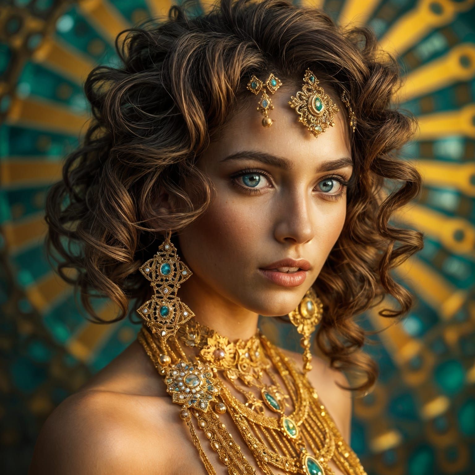 Woman with Gold Jewelry: Hyperrealistic Splash Art