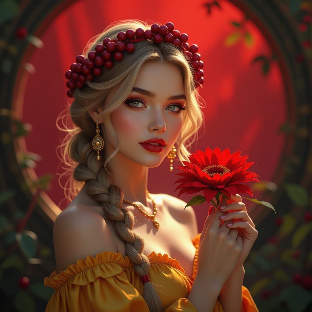 A captivating photorealistic photograph of a stunning young woman with long, golden locks, radiating an enchanting prese...