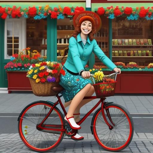 Woman on Bicycle with Flowers, Abstract Vector Art
