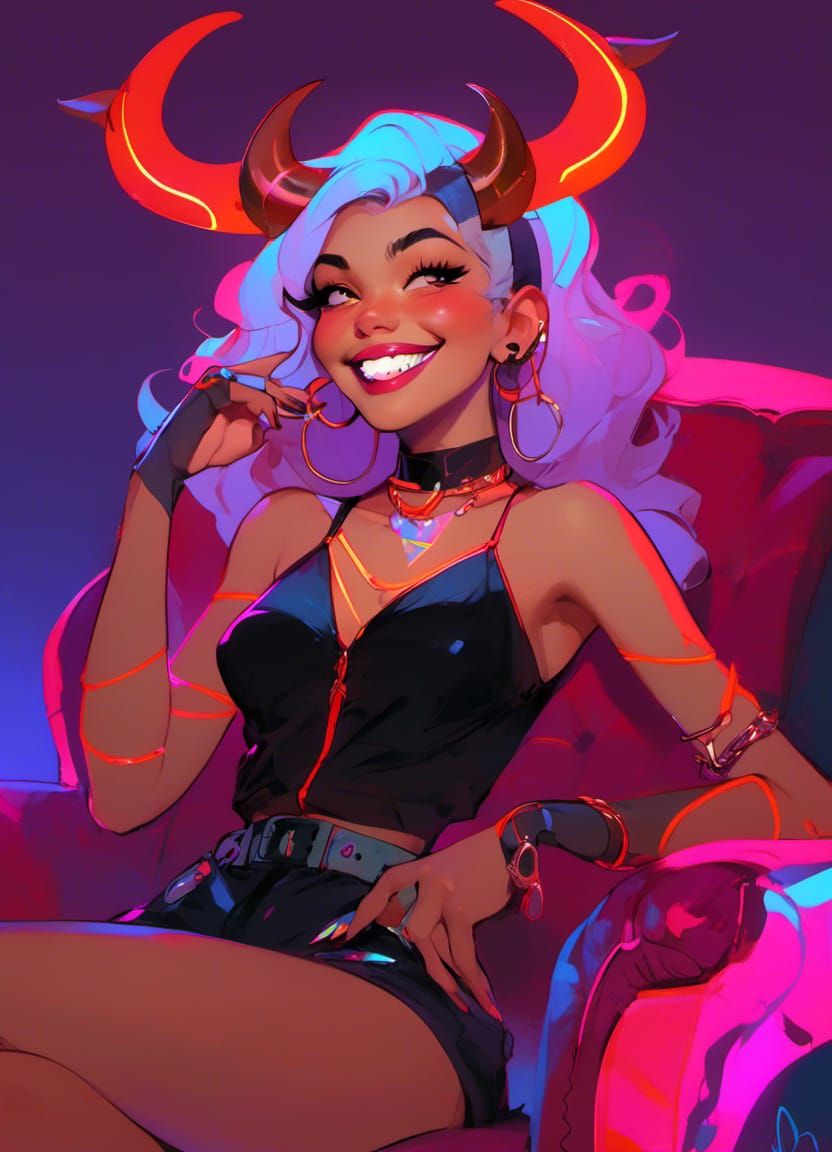 Neon Vector Portrait: Woman with Horns Smiling