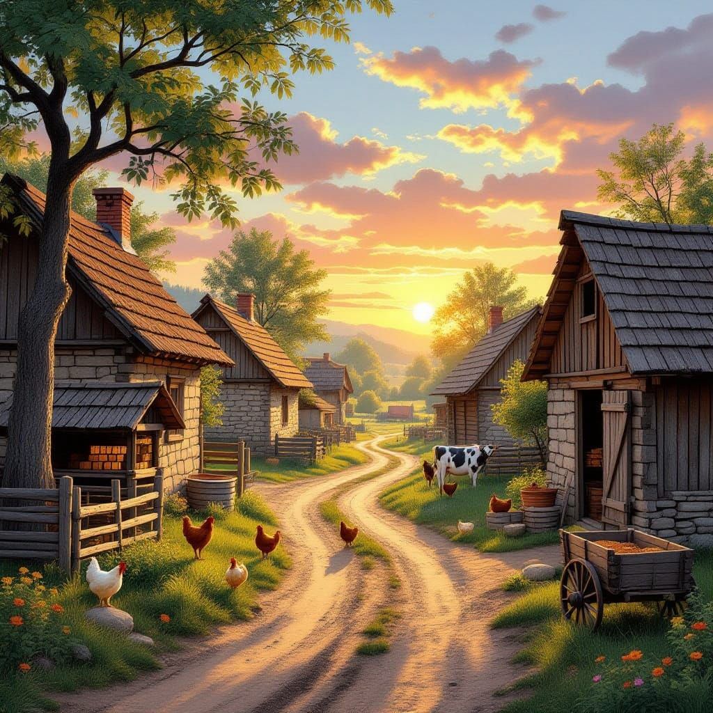 Cozy Old Rural Village at Sunset, Realistic Digital Painting
