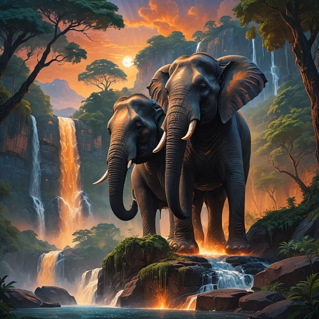 Majestic Elephant at Fantasy Waterfall: Matte Painting