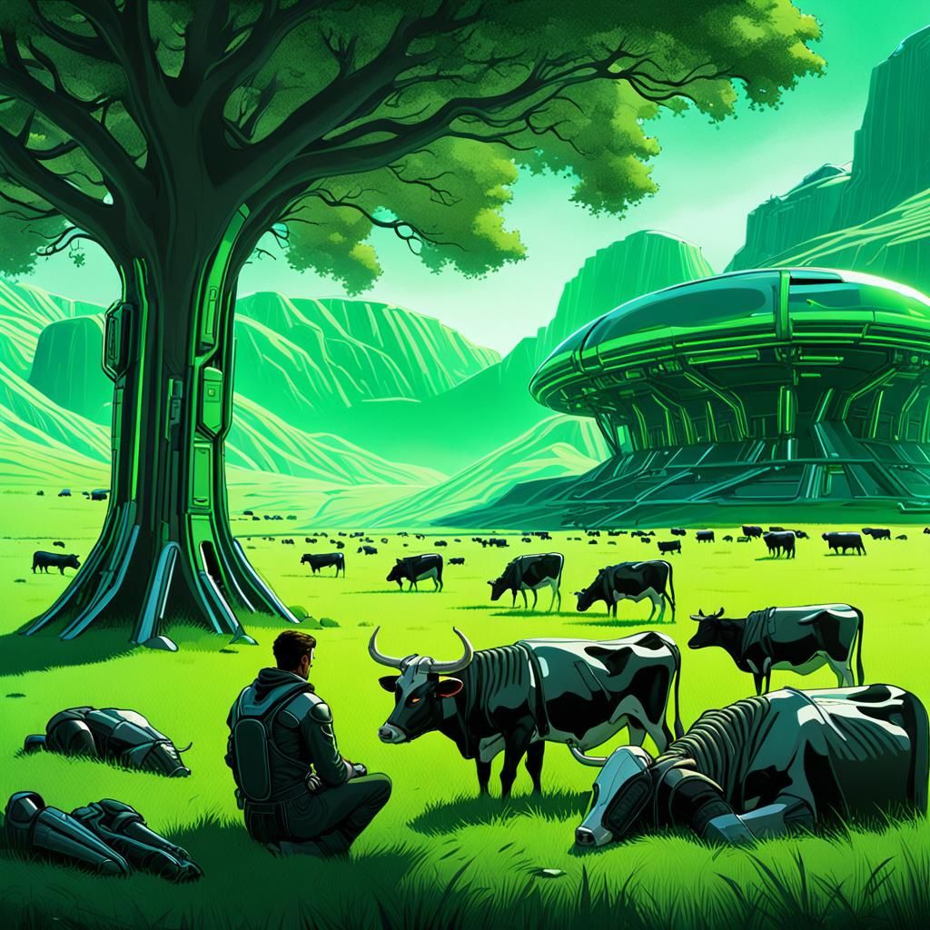 Futuristic Shepherd Oversees Metallic Cows in Neon Meadow
