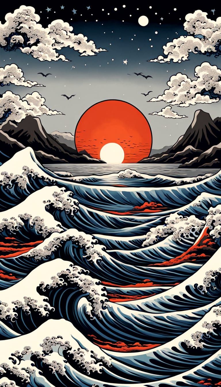 Blood Moon Over Powerful Japanese Ocean Waves