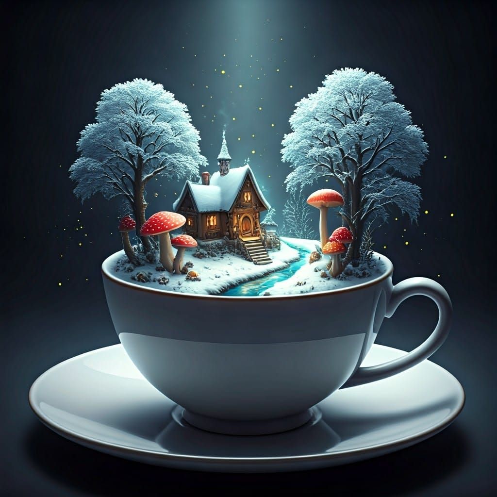 Miniature Winter Fantasy World Inside a Teacup
