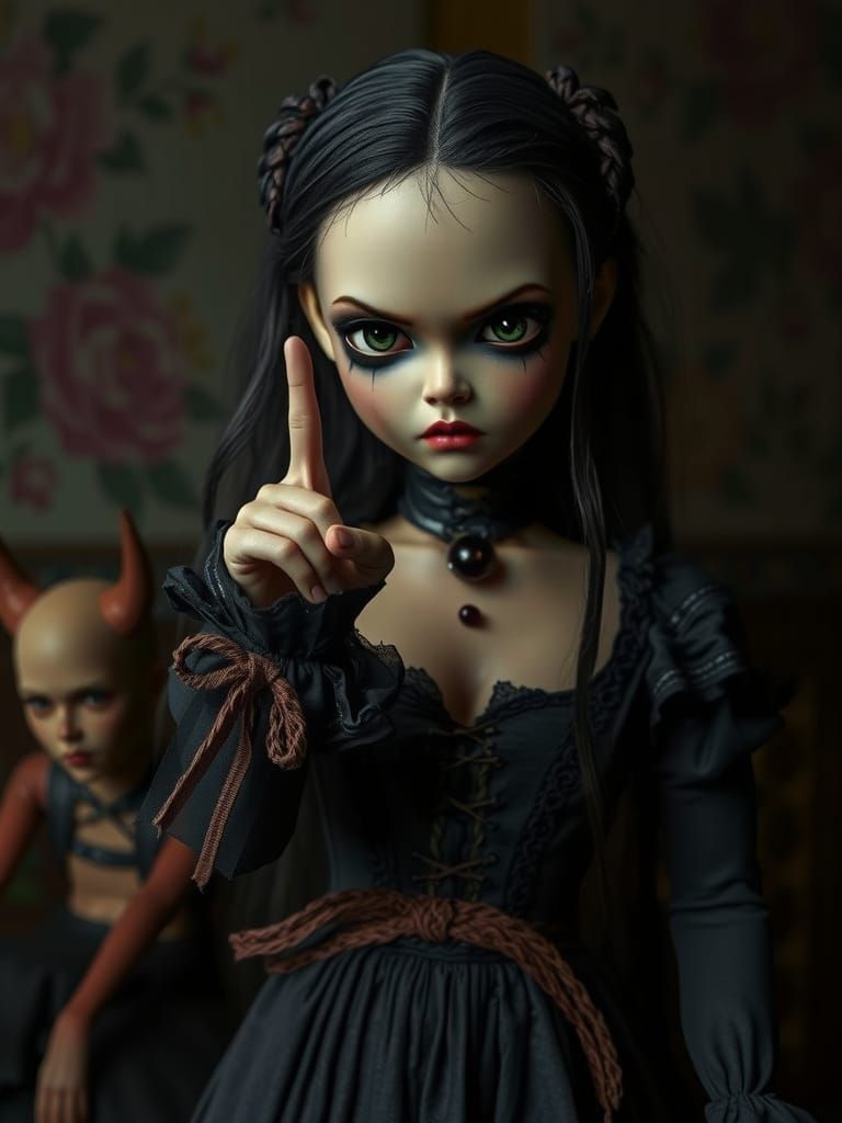 Gothic Doll Commands Silence in Hyperrealistic Detail