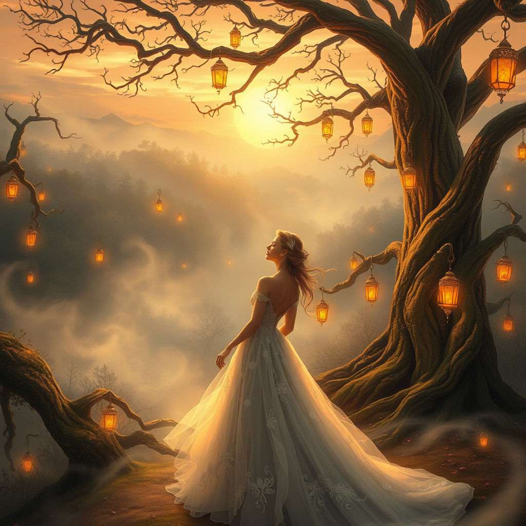 Ethereal Woman in Mystical Forest at Sunset