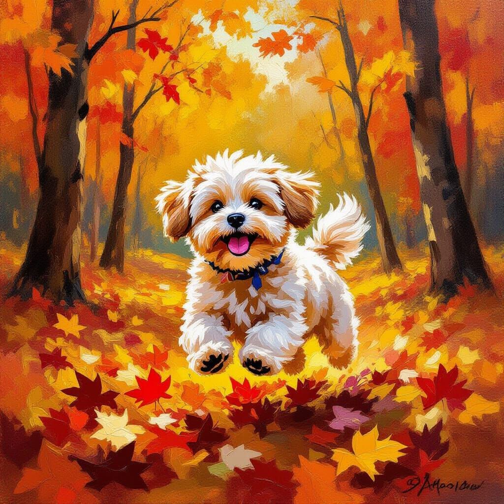 Fluffy Dog Playing in Autumn Forest Oil Painting
