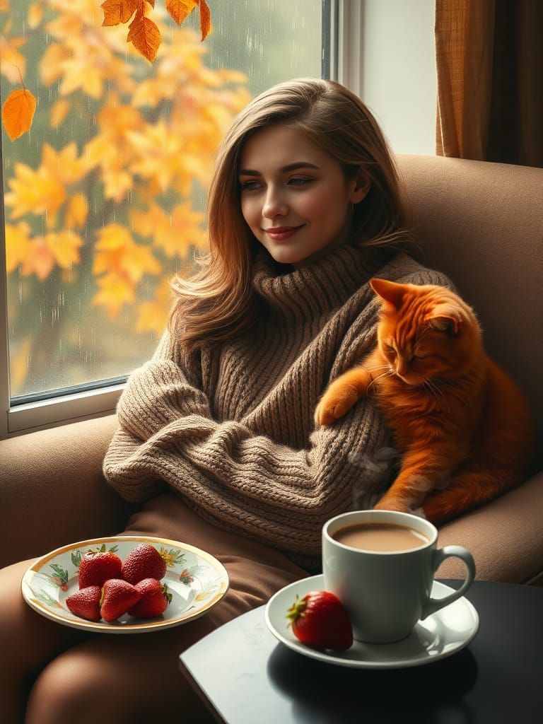 Cozy Autumn Day: Woman Gazing Out Rainy Window