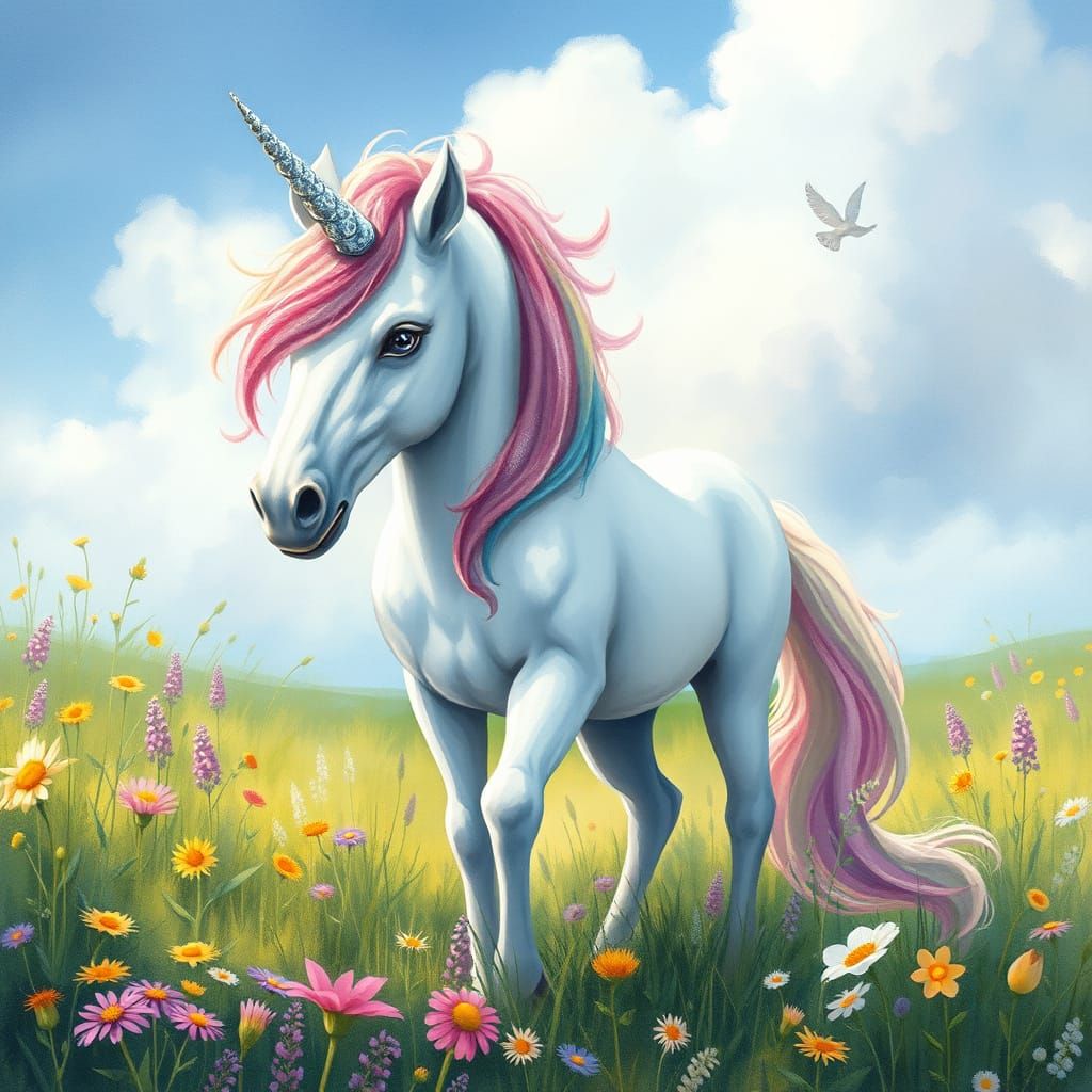 Majestic Unicorn in Meadow, Whimsical Fantasy Art