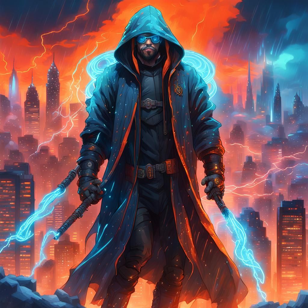 Cyberpunk Weather Wizard Amidst Neon Storm