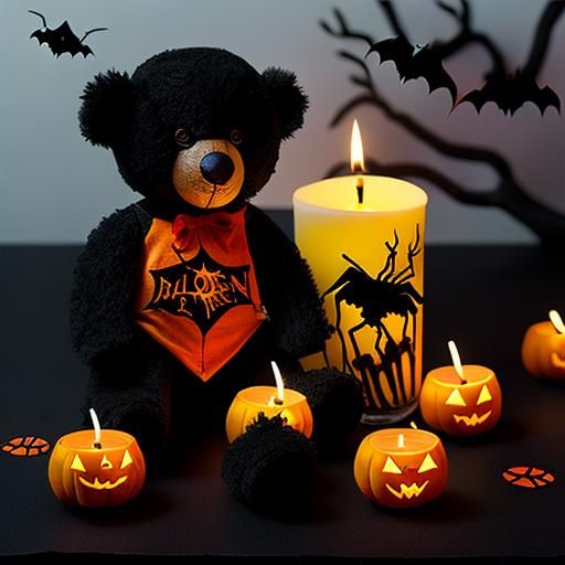 Spooky Halloween Scene with Candles, Spiders and Teddy Bears
