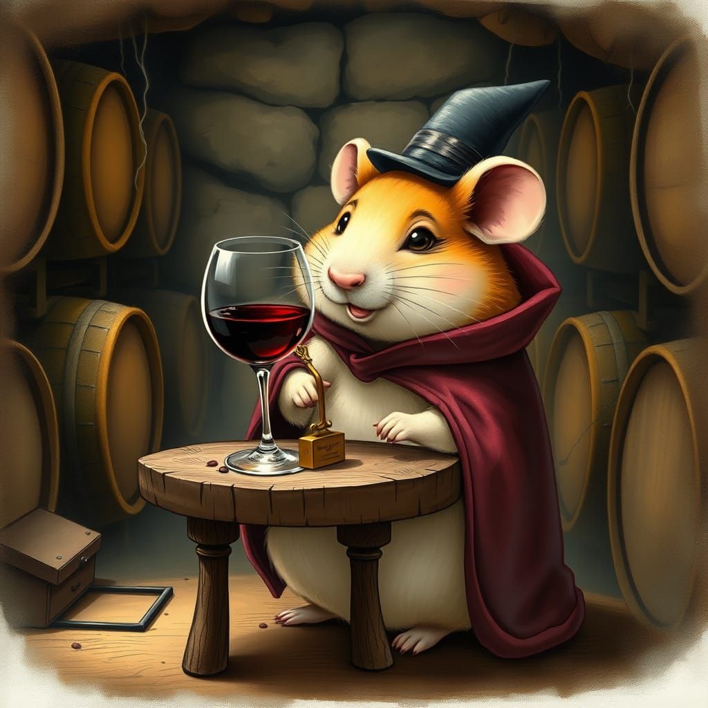 Demi-Human Hamster Sips Merlot in Whimsical Wine Cellar