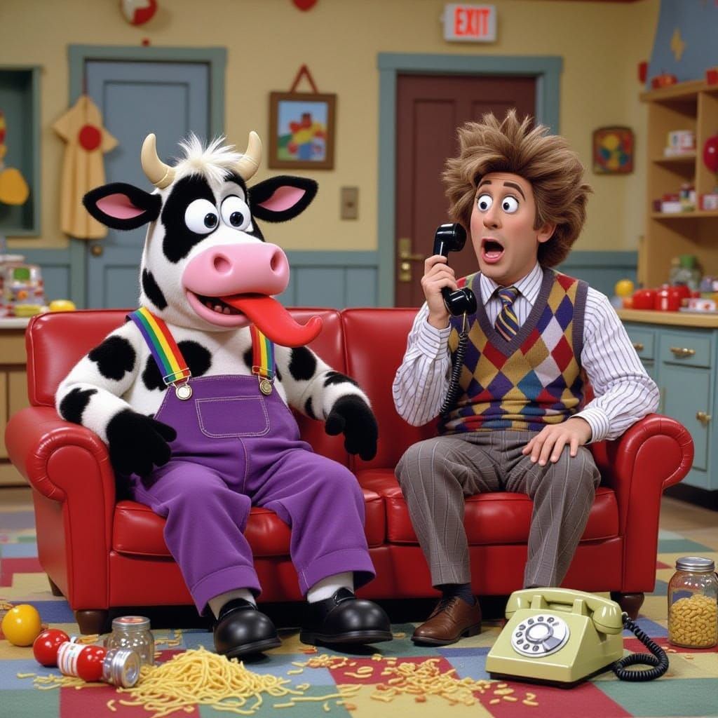 Zany Cartoon Cow on Children's TV Show Set