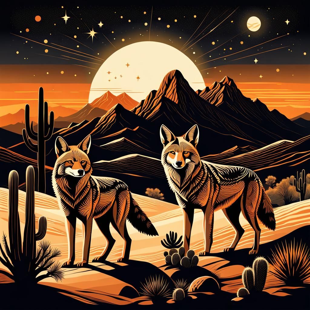 Desert Coyotes at Sunset in Vector Graphics Style