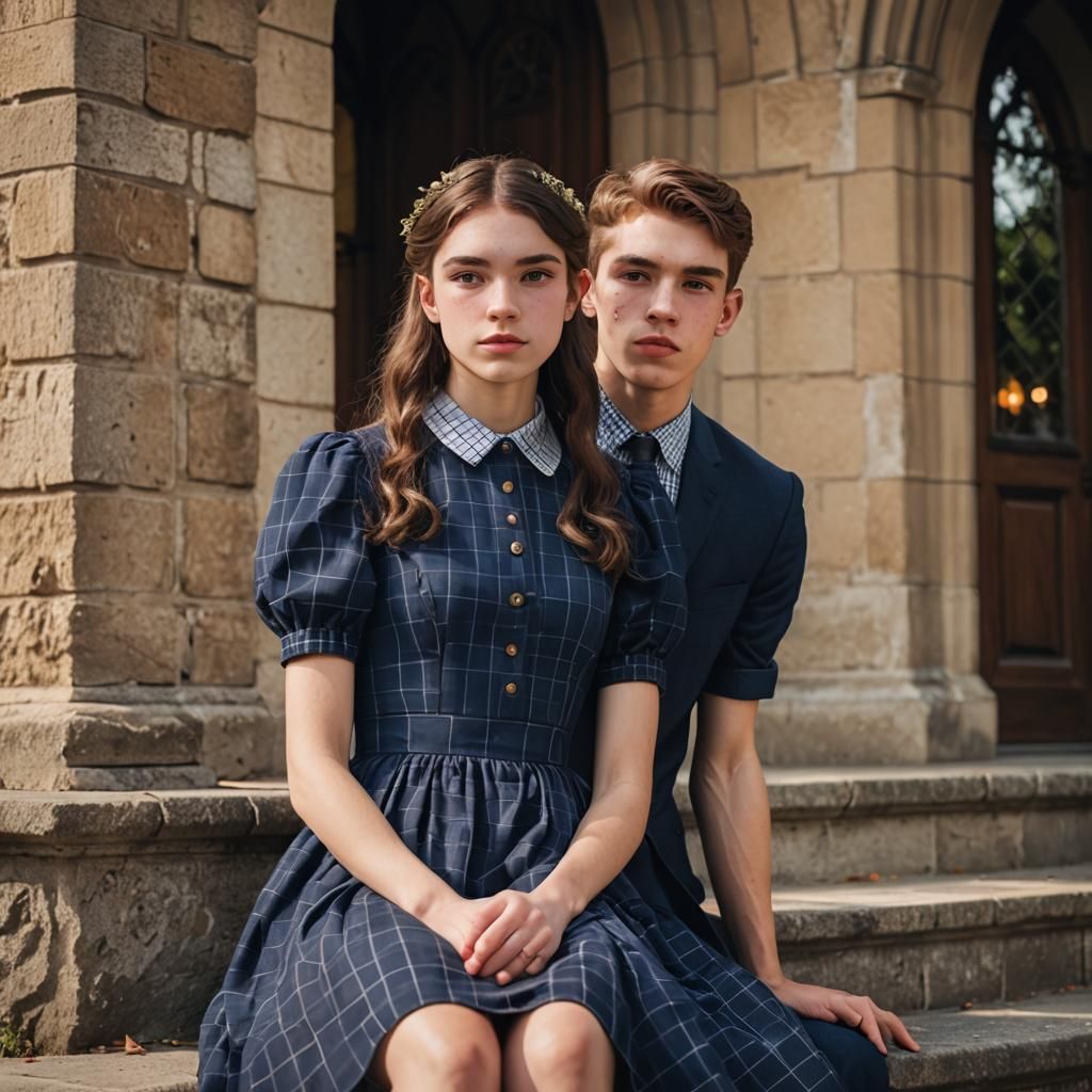 Boy Crossdressing in Blue Dress Posing with Girl