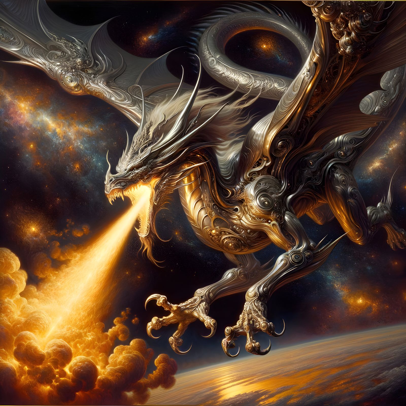 Epic Metallic Space Dragon Soaring Through the Cosmos