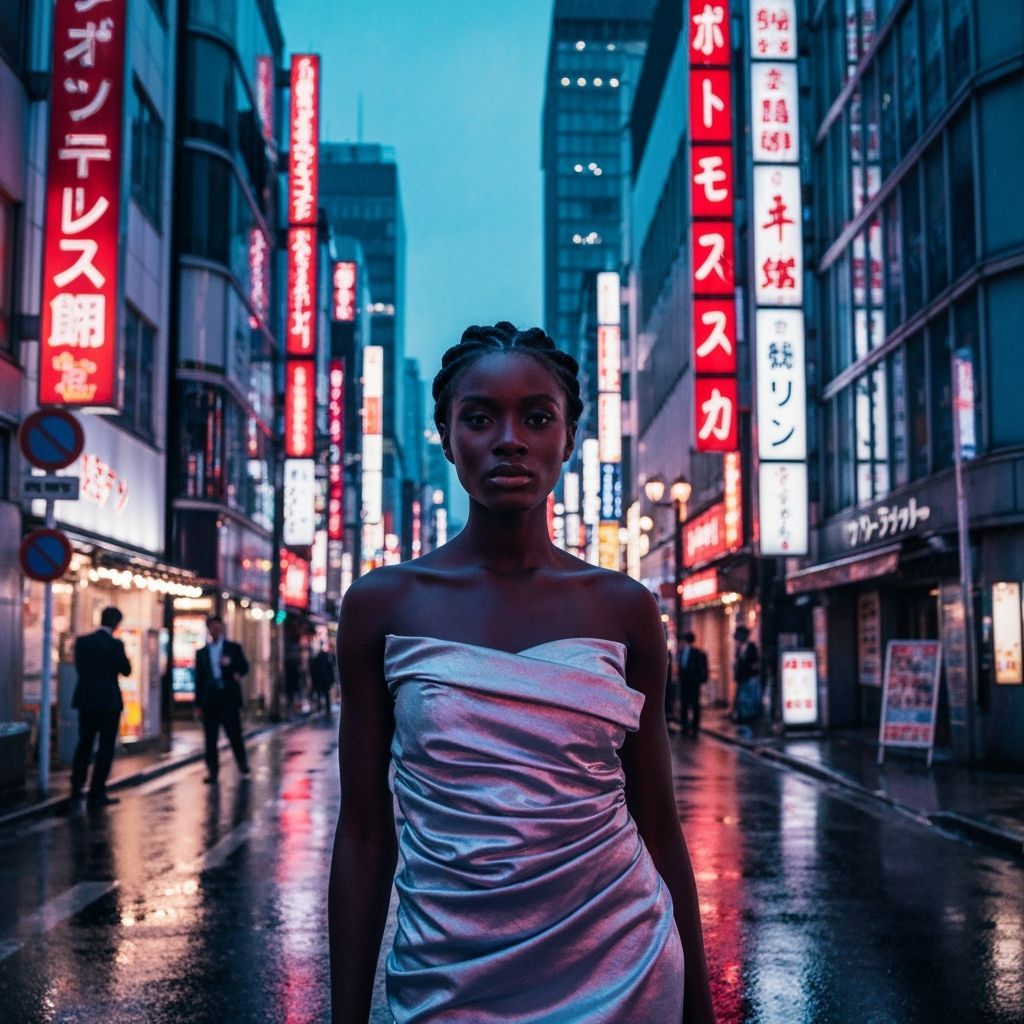 Elegant Black Woman Amidst Neon Kabukicho Streets