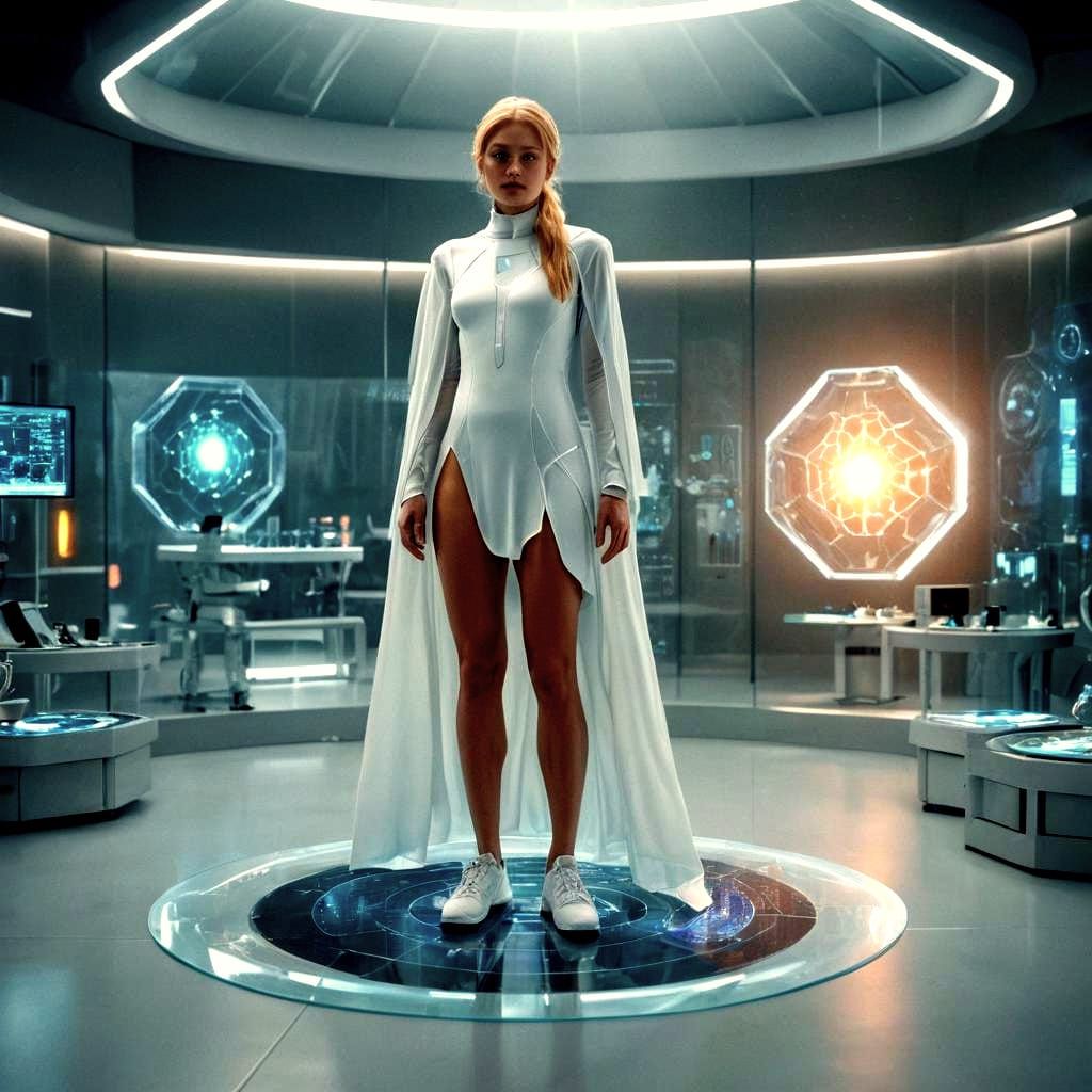 Futuristic Nordic Figure in High-Tech Research Center